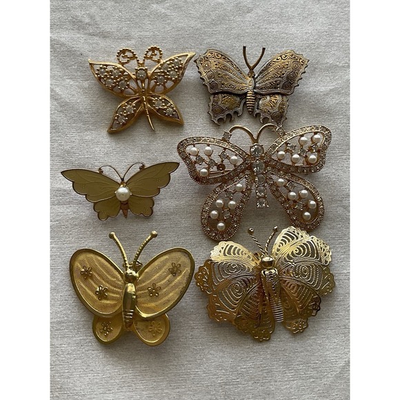 Estate Jewelry - Lot Of 6 Vintage Brooch Pins Butterfly Gold Tone Estate Jewelry
